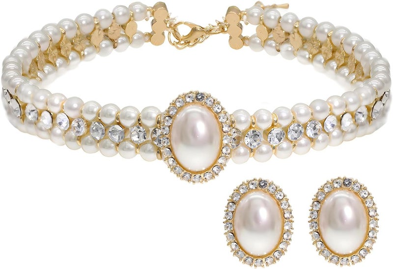 CIOOU Pearl Choker Necklace for Women Gold Crystal Rhinestone Pearl Collar Statement Necklaces Earrings Bridal Pearls Diamond jewelry Set for Wedding - Image 1